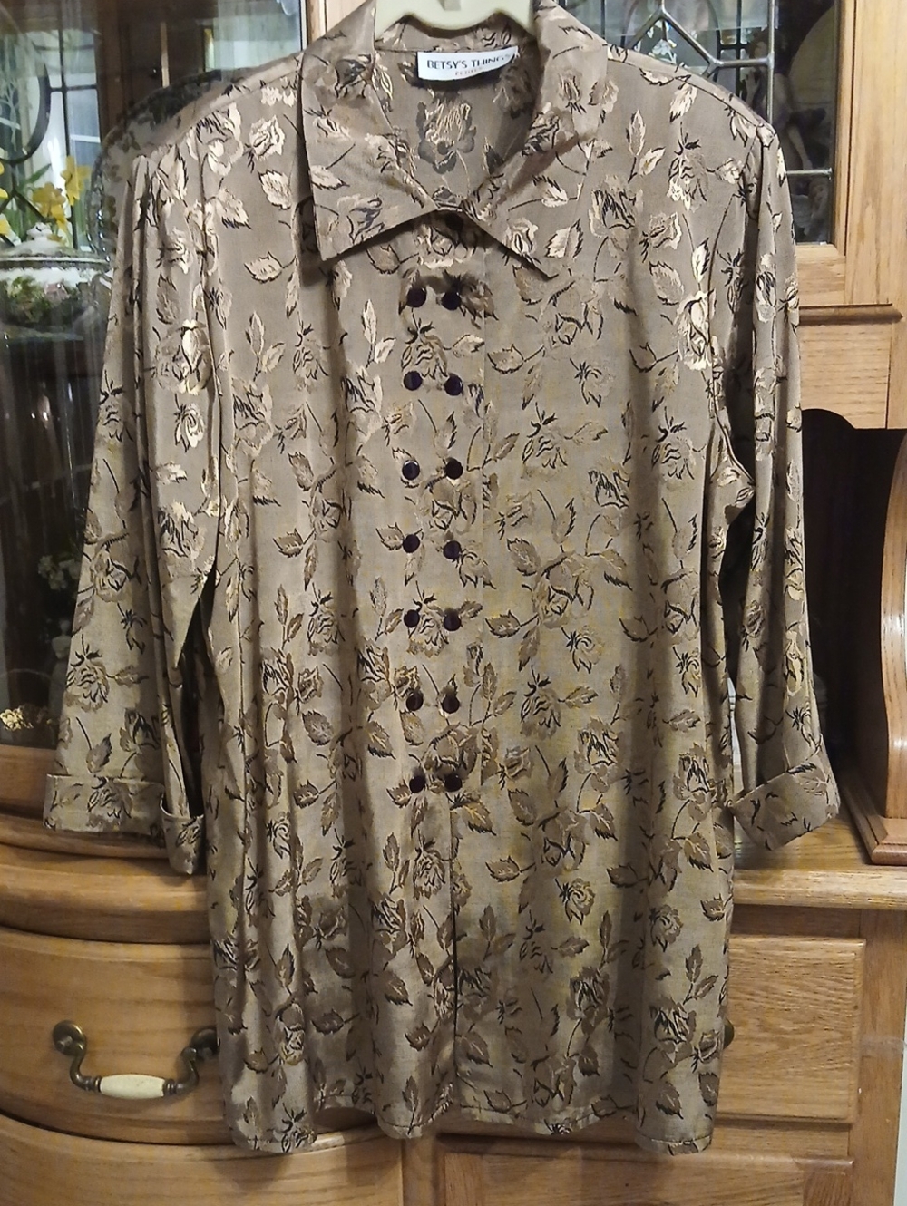 Betsy's Things Metallic Taupe Floral Button-Front Blouse